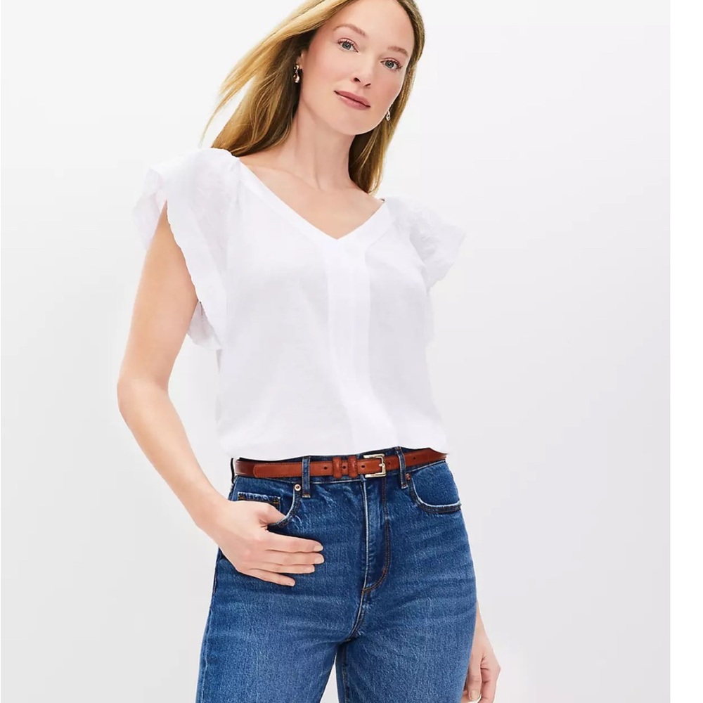 NWT LOFT Women’s Flutter Sleeve Mixed Media Top White